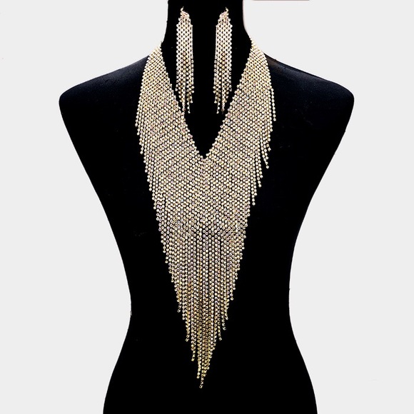 RHINESTONE V-FRINGE NECKLACE - Picture 1 of 1